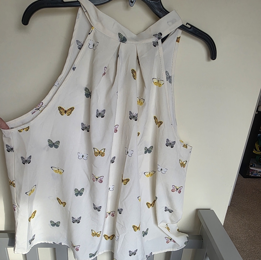 Shein Curve Butterfly Print High Neck Bow Tie Sleeveless Top Size 1X